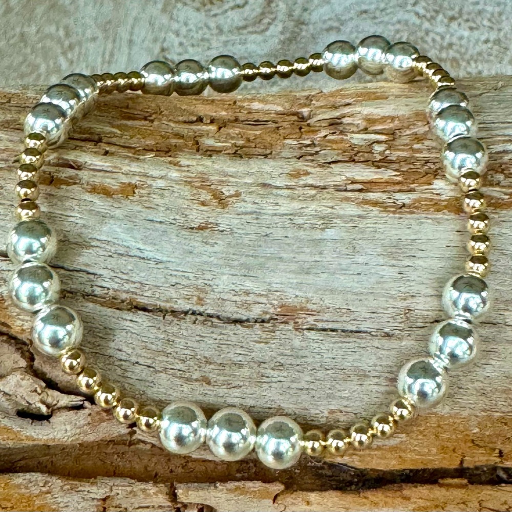 Station- Handmade 14k gold filled bead + sterling silver bead stretch bracelet - Picture 3 of 4